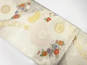 桜に梅・菊模様織出し袋帯